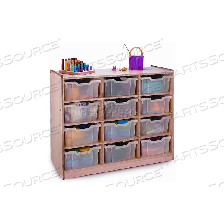 PRESCHOOL CUBBY STORAGE UNIT WITH 12 CLEAR TRAYS, 40-1/2"W X 17-1/2"D X 31-1/2"H, NATURAL 