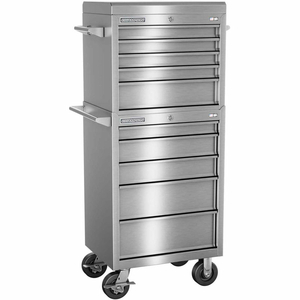 CHAMPION FMPRO STAINLESS STEEL 27"WX20"DX66-1/8"H 10 DRAWER CHEST & ROLLER CABINET COMBO by Independent Design Inc CHAMPION FMPRO STAINLESS STEEL 27"WX20"DX66-1/8"H 10 DRAWER CHEST & ROLLER CABINET COMBO by Independent Design Inc