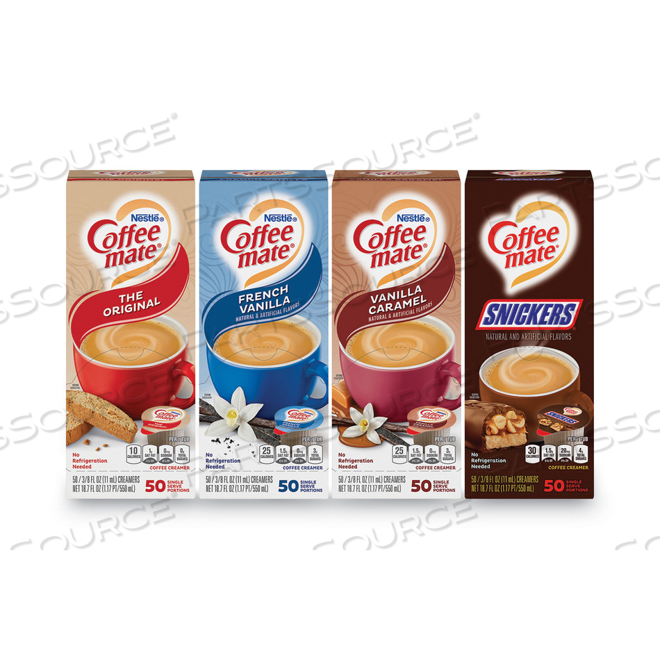 LIQUID COFFEE CREAMER, ORIGINAL/FRENCH VANILLA/SNICKERS/VANILLA CARAMEL, 0.38OZ MINICUPS, 50/PK,4 PK/CT 