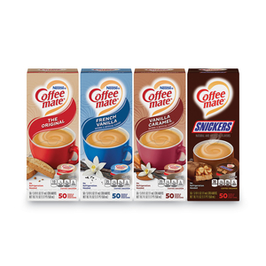 LIQUID COFFEE CREAMER, ORIGINAL/FRENCH VANILLA/SNICKERS/VANILLA CARAMEL, 0.38OZ MINICUPS, 50/PK,4 PK/CT by Coffee-Mate