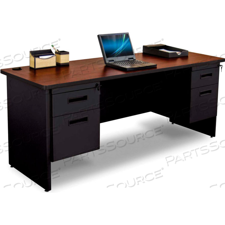 STEEL DESK - DOUBLE PEDESTAL - 72" X 24" - BLACK/MAHOGANY 