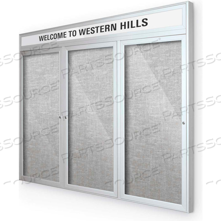 OUTDOOR HEADLINE BULLETIN BOARD CABINET,3-DOOR 96"W X 48"H, SILVER TRIM, PLATINUM 