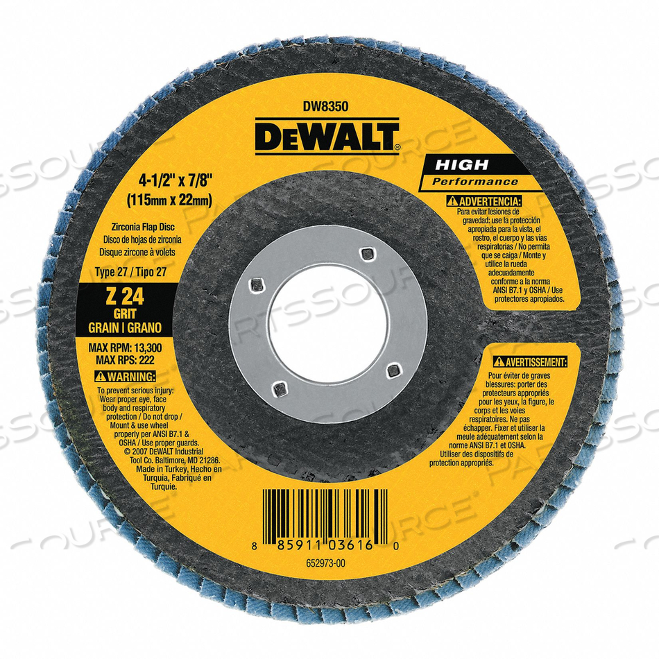 FLAP DISC TYPE 27 4-1/2" X 7/8" 80 GRIT ZIRCONIA by DeWalt