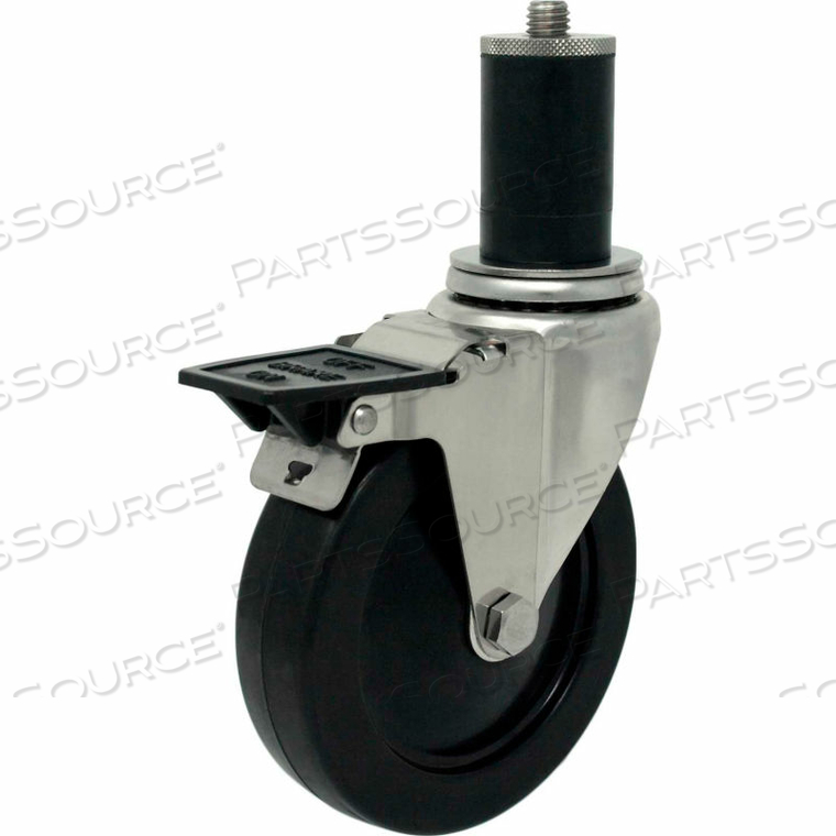 CASTERS SWIVEL EXPANSION STEM CASTER - 5"DIA. SOFT RUBBER/TREAD, BORE, TOP LK BRK 