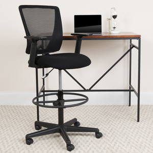 HARPER ERGONOMIC MID-BACK MESH DRAFTING CHAIR WITH BLACK FABRIC SEAT, ADJUSTABLE FOOT RING AND ADJUSTABLE ARMS by Flash Furniture