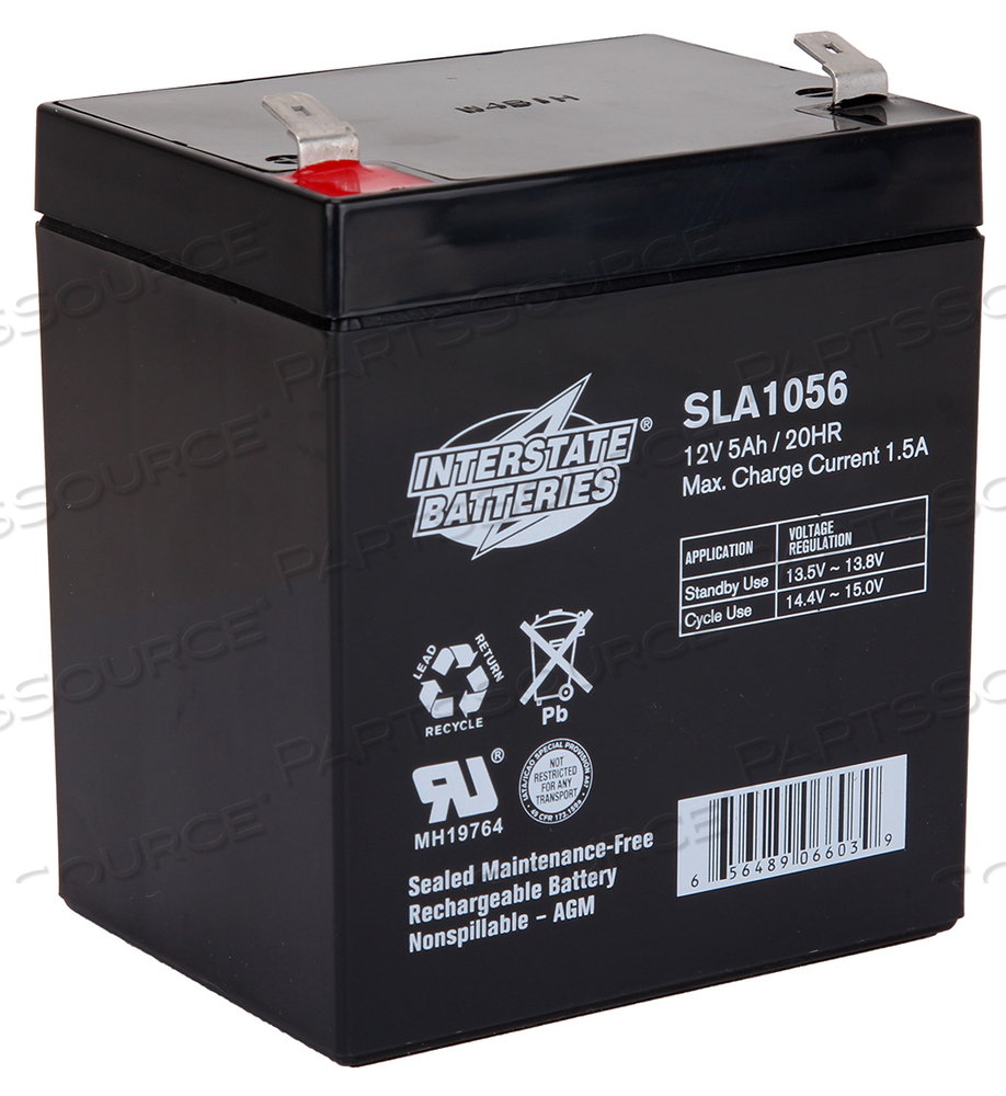 BATTERY, SEALED, REPLACEMENT, 2.76IN WIDTH, 3.94IN HEIGHT, FASTON, 3.54IN LENGTH, 5AH CAPACITY, LEAD ACID CHEMISTRY, 12V VOLTAGE RATING 