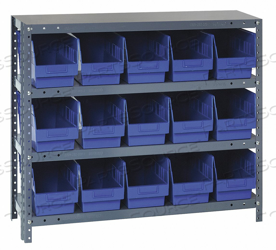 1239-SB802 STEEL SHELVING WITH 15 8"H PLASTIC SHELF BINS BLUE, 36X12X39-SB4 SHELVES by Quantum Storage Systems 1239-SB802 STEEL SHELVING WITH 15 8"H PLASTIC SHELF BINS BLUE, 36X12X39-SB4 SHELVES by Quantum Storage Systems
