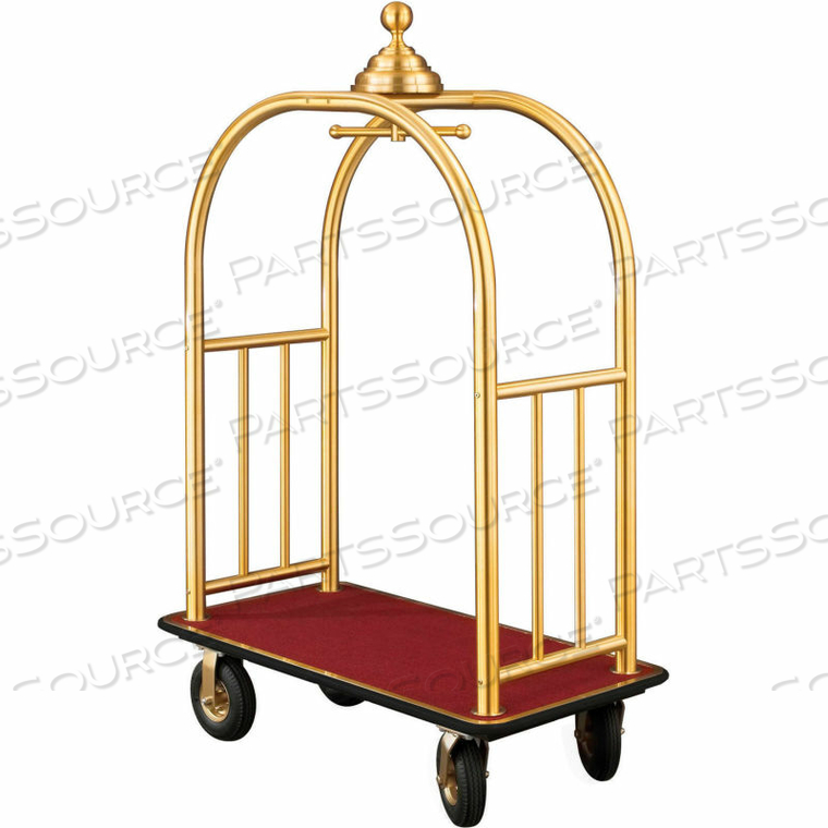 BALL CROWN BELLMAN CART 48X25 SATIN BRASS BURGUNDY CARPET, 4 BLACK PNEU WHEELS by Glaro Products Inc BALL CROWN BELLMAN CART 48X25 SATIN BRASS BURGUNDY CARPET, 4 BLACK PNEU WHEELS by Glaro Products Inc