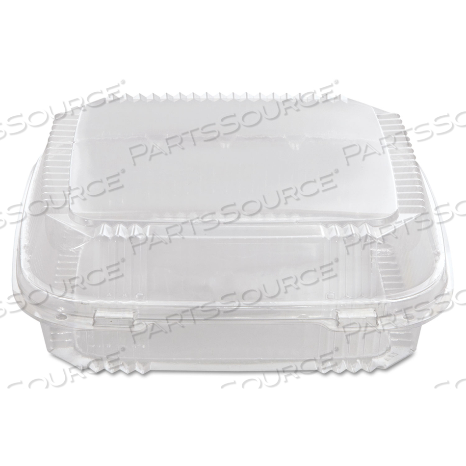 CLEARVIEW SMARTLOCK HINGED LID CONTAINER, 49 OZ, 8.2 X 8.34 X 2.91, CLEAR, PLASTIC by Pactiv CLEARVIEW SMARTLOCK HINGED LID CONTAINER, 49 OZ, 8.2 X 8.34 X 2.91, CLEAR, PLASTIC by Pactiv