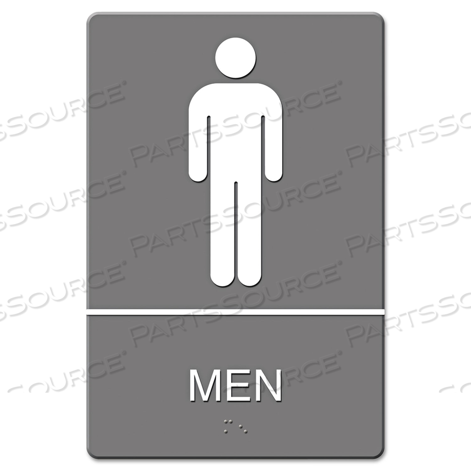 ADA SIGN, MEN RESTROOM SYMBOL W/TACTILE GRAPHIC, MOLDED PLASTIC, 6 X 9, GRAY ADA SIGN, MEN RESTROOM SYMBOL W/TACTILE GRAPHIC, MOLDED PLASTIC, 6 X 9, GRAY