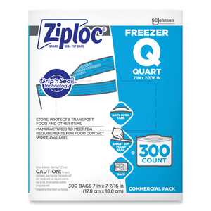 DOUBLE ZIPPER FREEZER BAGS, 1 QT, 2.7 MIL, 7" X 7.75", CLEAR, 300/CARTON by Ziploc