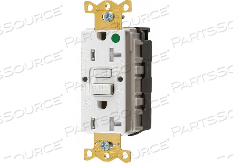 GFCI RECEPTACLE, CONNECTION ORIENTATION STRAIGHT, COVER TYPE NO COVER, CURRENT RATING 20 A, GFCI YES, GROUNDING GROUNDED, HOUSING COLOR WHIT by Hubbell Incorporated, Wiring Device-Kellums GFCI RECEPTACLE, CONNECTION ORIENTATION STRAIGHT, COVER TYPE NO COVER, CURRENT RATING 20 A, GFCI YES, GROUNDING GROUNDED, HOUSING COLOR WHIT by Hubbell Incorporated, Wiring Device-Kellums