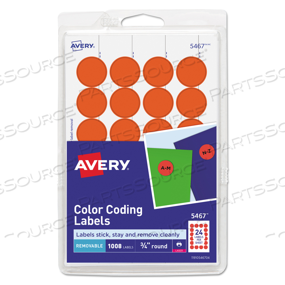 PRINTABLE SELF-ADHESIVE REMOVABLE COLOR-CODING LABELS, 0.75" DIA, NEON RED, 24/SHEET, 42 SHEETS/PACK, (5467) by Avery