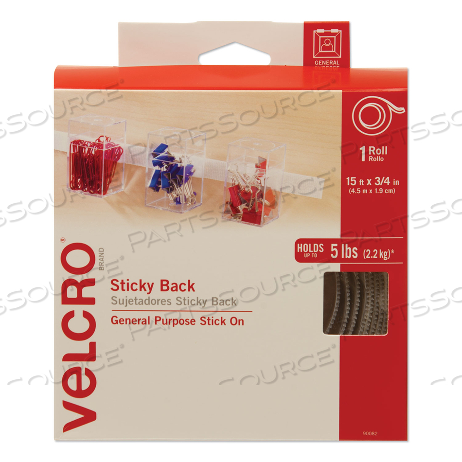 STICKY-BACK FASTENERS WITH DISPENSER, REMOVABLE ADHESIVE, 0.75" X 15 FT, WHITE by Velcro