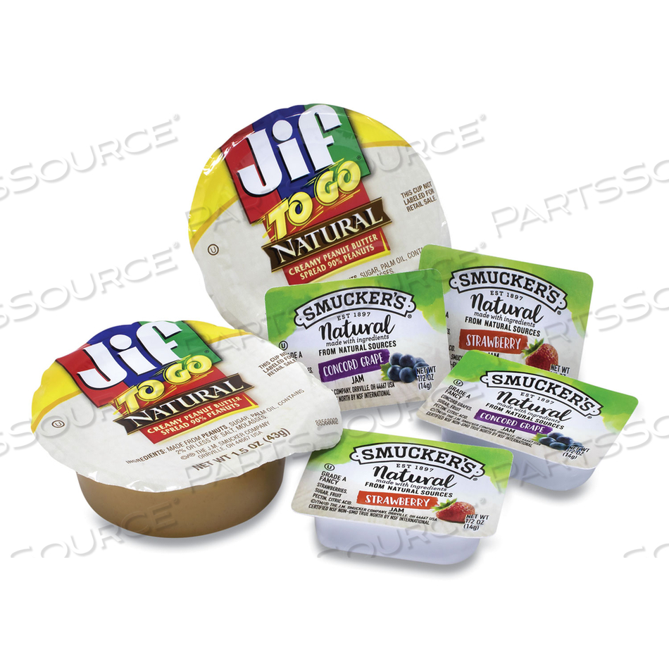 JAM AND PEANUT BUTTER SINGLE-SERVE VARIETY, (16)1.5OZ PEANUT BUTTER/(14)0.5OZ JELLY, 30/PACK 