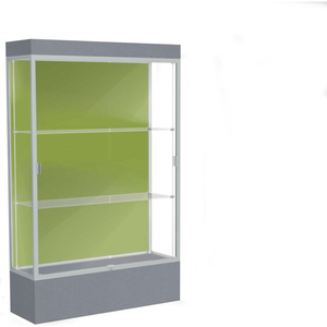 EDGE LIGHTED FLOOR CASE, PALE GREEN BACK, SATIN FRAME, 12" CARBON MESH BASE, 48"W X 76"H X 20"D by Waddell Display