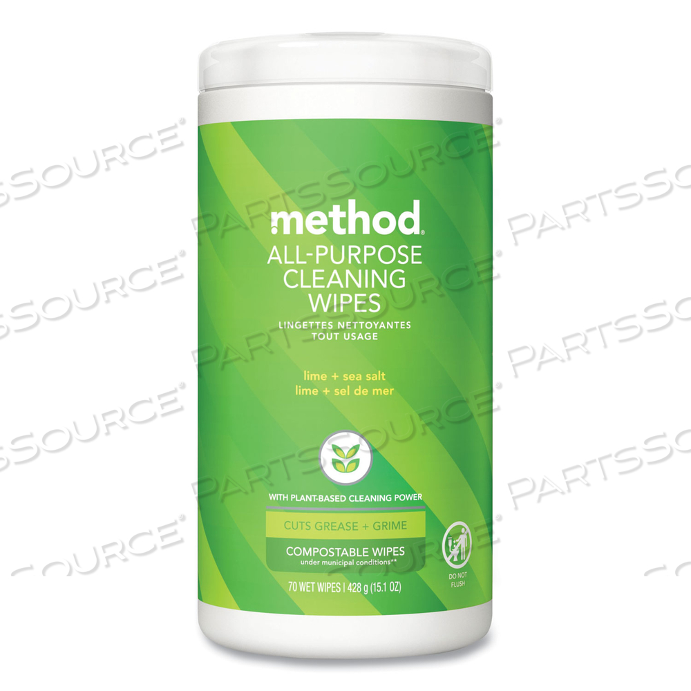 ALL PURPOSE CLEANING WIPES, 1 PLY, LIME AND SEA SALT, WHITE, 70/CANISTER by Method