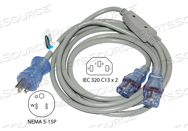 POWER CORD, 10 FT, 13 A, 125 V, 16 AWG, NEMA 5-15P TO (2) IEC 320-C13, HOSPITAL GRADE 