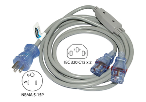 POWER CORD, 10 FT, 13 A, 125 V, 16 AWG, NEMA 5-15P TO (2) IEC 320-C13, HOSPITAL GRADE by Conntek Integrated Solutions, Inc. POWER CORD, 10 FT, 13 A, 125 V, 16 AWG, NEMA 5-15P TO (2) IEC 320-C13, HOSPITAL GRADE by Conntek Integrated Solutions, Inc.
