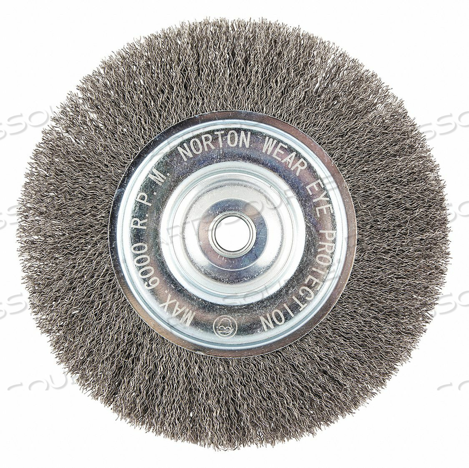 WIRE WHEEL BRUSH, CRIMPED STEEL, 8 IN DIA X 3/4 IN WD, 5/8 IN ARBOR, 0.014 IN FILL by Norton | Saint-Gobain Abrasives WIRE WHEEL BRUSH, CRIMPED STEEL, 8 IN DIA X 3/4 IN WD, 5/8 IN ARBOR, 0.014 IN FILL by Norton | Saint-Gobain Abrasives