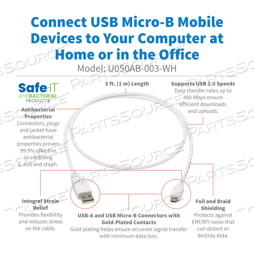 SAFE-IT USB-A TO USB MICRO-B ANTIBACTERIAL CABLE M/M WHITE 3FT by Tripp Lite