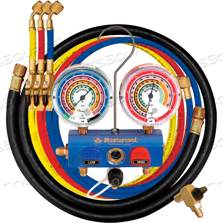 3 WAY 3 1/8" GAUGES, 60" HOSES 3-1/4" R, B, Y & 1-3/8" BLACK by Mastercool 3 WAY 3 1/8" GAUGES, 60" HOSES 3-1/4" R, B, Y & 1-3/8" BLACK by Mastercool