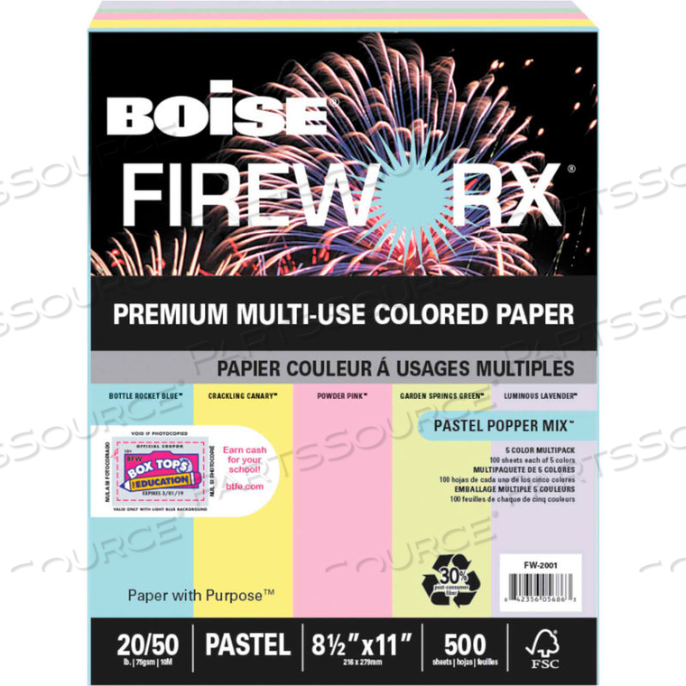 COLORED PAPER - BOISE FIREWORX MULTI-USE, ASSORTED, 8-1/2" X 11", 20 LB., 500 SHEETS/REAM 