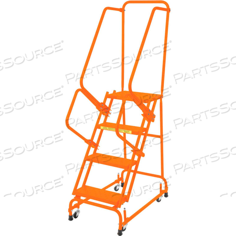 PERFORATED 16"W 4 STEP STEEL ROLLING LADDER 14"D TOP STEP W/ HANDRAILS - ORANGE by Ballymore PERFORATED 16"W 4 STEP STEEL ROLLING LADDER 14"D TOP STEP W/ HANDRAILS - ORANGE by Ballymore