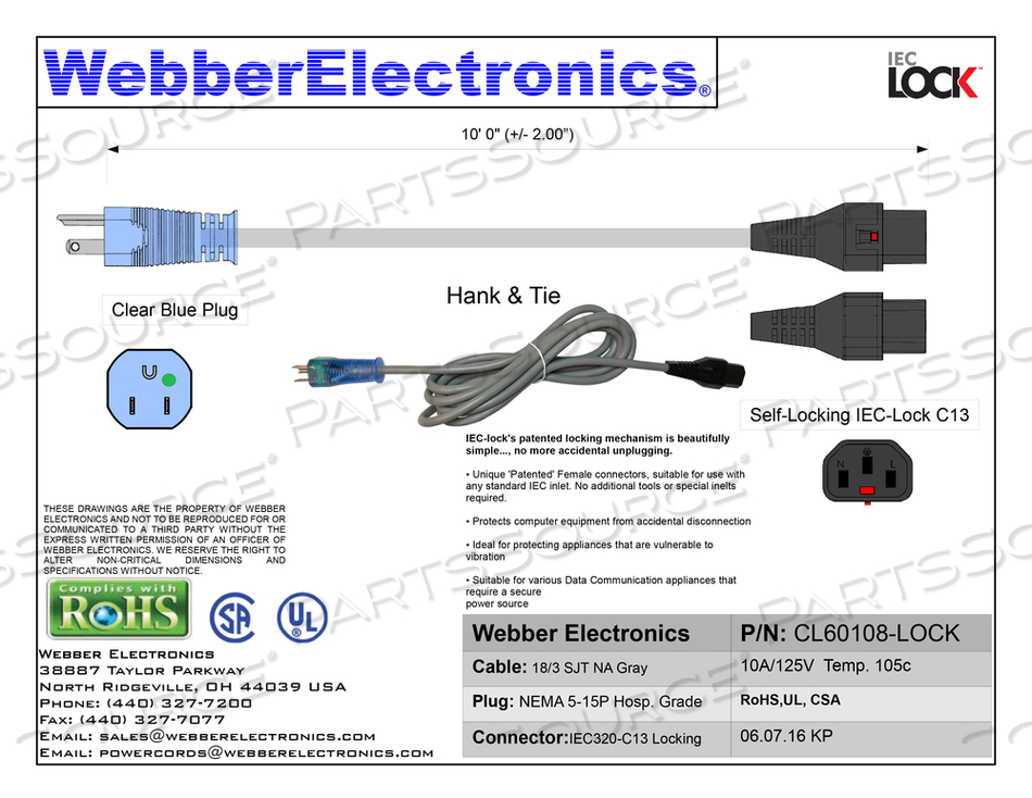 18/3 SJT NA 105C GRAY JACKET LENGTH 10FT HOSPITAL GRADE NEMA 5-15P (CLEAR BLUE TINT) + IECLOCK C-13 HANK AND TIE by Webber Electronics 18/3 SJT NA 105C GRAY JACKET LENGTH 10FT HOSPITAL GRADE NEMA 5-15P (CLEAR BLUE TINT) + IECLOCK C-13 HANK AND TIE by Webber Electronics