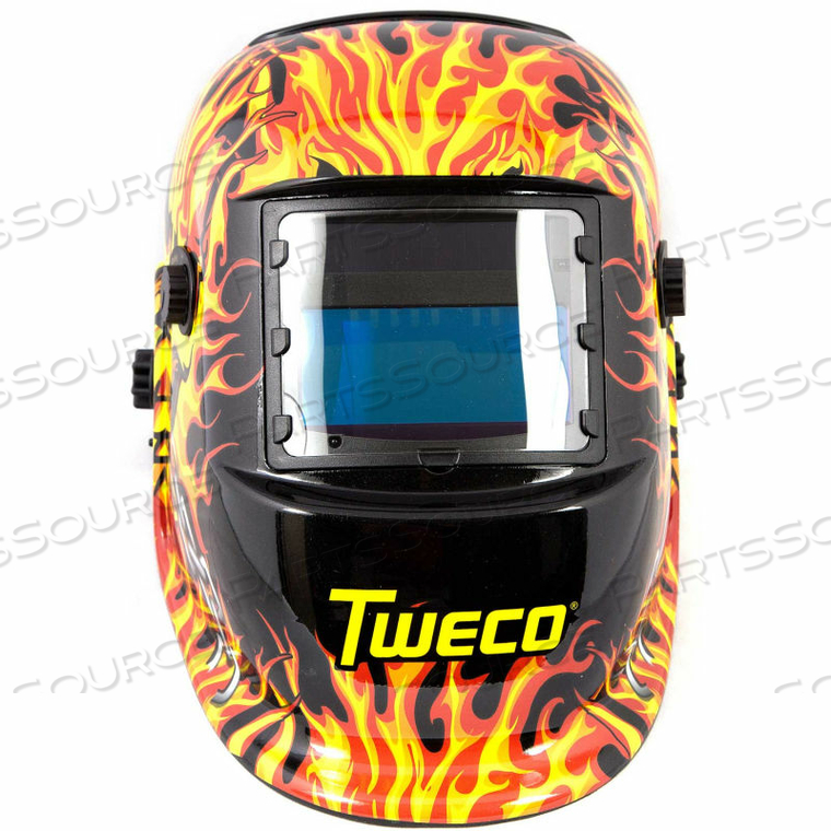 TWECO AUTO-DARKENING WELDING HELMET, SKULL & FIRE, 3.86" X 1.69" VIEWING AREA, 5 PT HEAD GEAR 