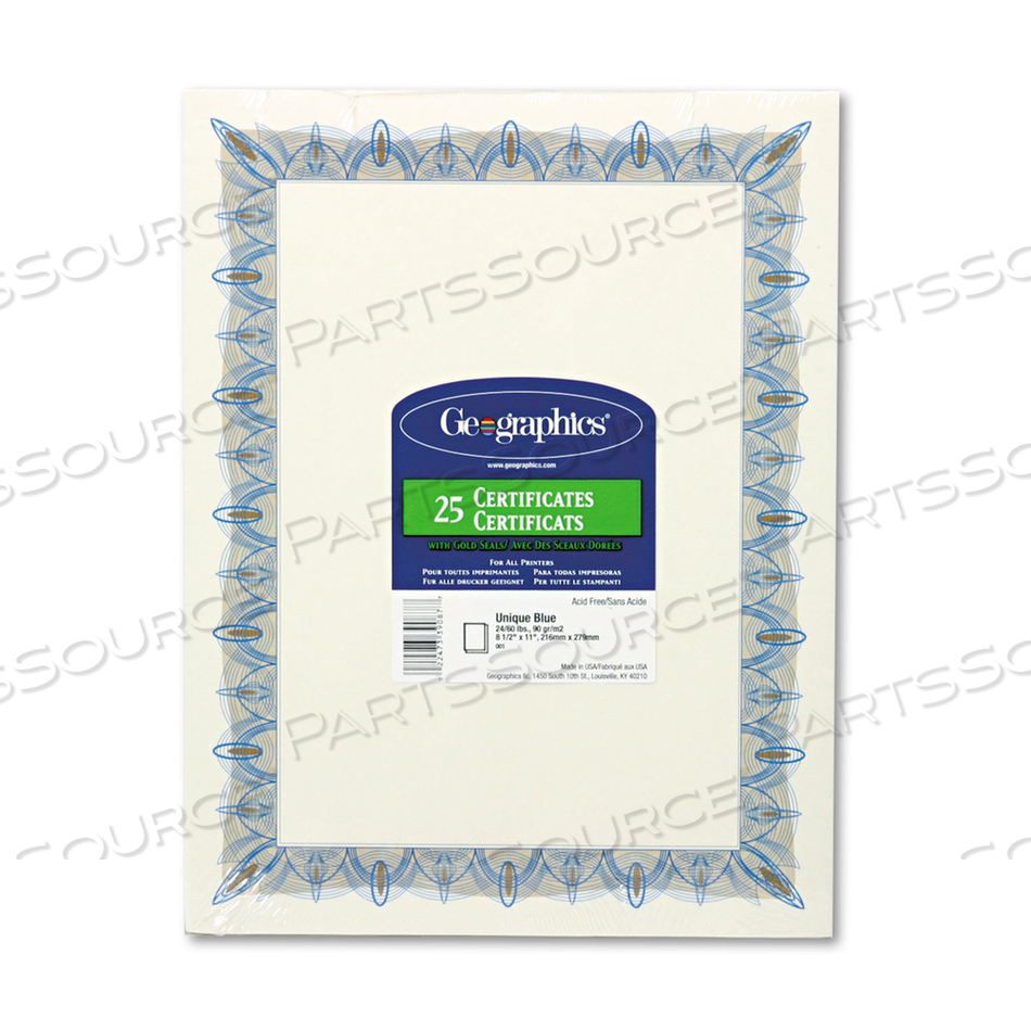 AWARD CERTIFICATES WITH GOLD SEALS, 8.5 X 11, UNIQUE BLUE WITH WHITE BORDER, 25/PACK AWARD CERTIFICATES WITH GOLD SEALS, 8.5 X 11, UNIQUE BLUE WITH WHITE BORDER, 25/PACK