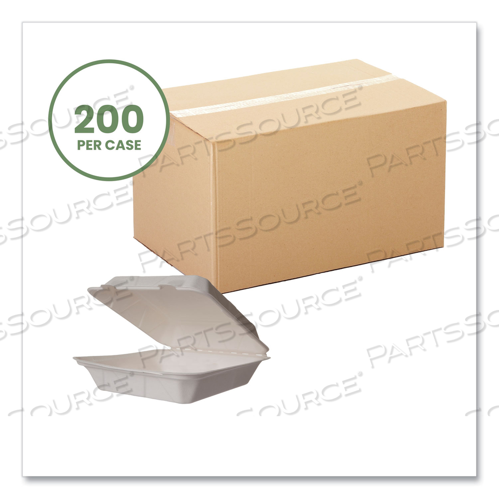 WHITE MOLDED FIBER CLAMSHELL CONTAINERS, 9 X 18 X 2, WHITE, SUGARCANE by Vegware WHITE MOLDED FIBER CLAMSHELL CONTAINERS, 9 X 18 X 2, WHITE, SUGARCANE by Vegware