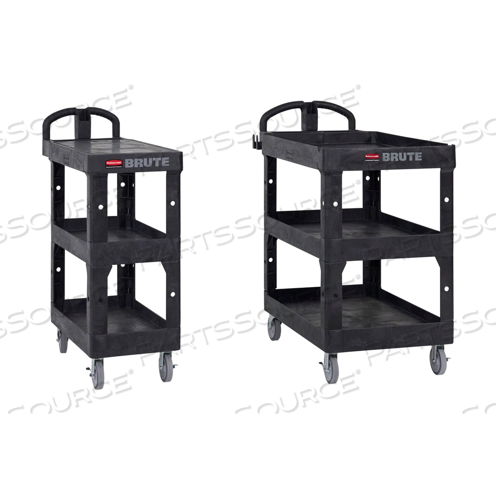 BRUTE 3-SHELF HEAVY-DUTY ERGO FLAT UTILITY CART, RESIN, 3 SHELVES, 600 LB CAPACITY, 25.24" X 48.63" X 46.18", BLACK by Rubbermaid Medical Division BRUTE 3-SHELF HEAVY-DUTY ERGO FLAT UTILITY CART, RESIN, 3 SHELVES, 600 LB CAPACITY, 25.24" X 48.63" X 46.18", BLACK by Rubbermaid Medical Division