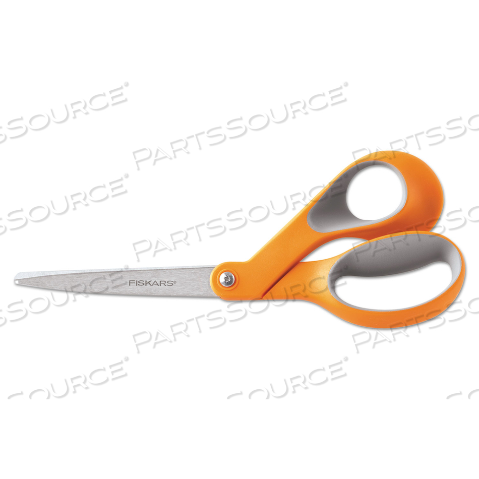 HOME AND OFFICE SCISSORS, 8" LONG, 3.5" CUT LENGTH, ORANGE/GRAY OFFSET HANDLE 