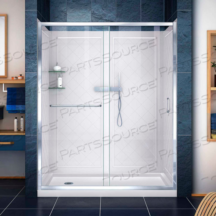 INFINITY-Z SHOWER DOOR 34" X 60" SHOWER BASE LEFT DRAIN & QWALL-5 BACKWALLS 