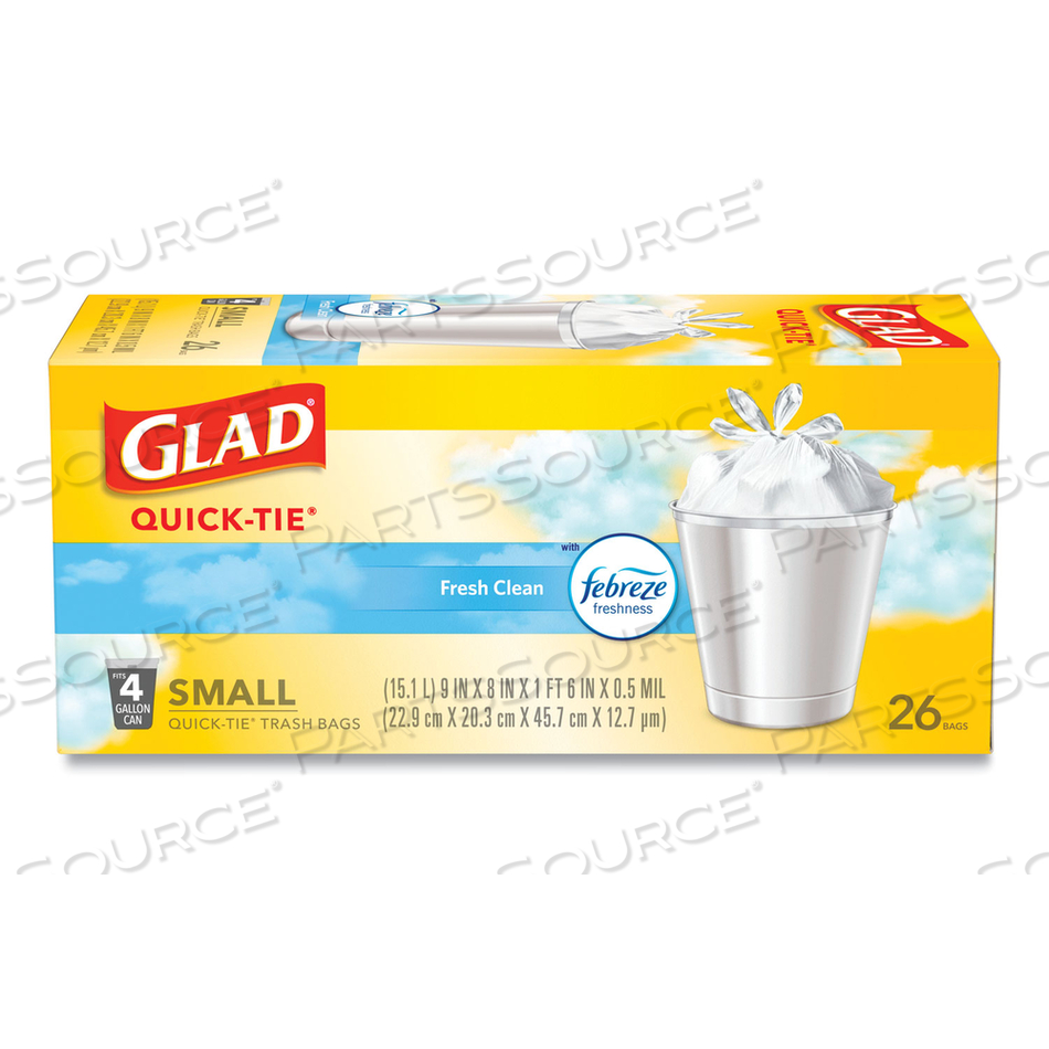 ODORSHIELD QUICK-TIE SMALL TRASH BAGS, 4 GAL, 0.5 MIL, 8" X 18", WHITE, 26 BAGS/BOX by Glad ODORSHIELD QUICK-TIE SMALL TRASH BAGS, 4 GAL, 0.5 MIL, 8" X 18", WHITE, 26 BAGS/BOX by Glad