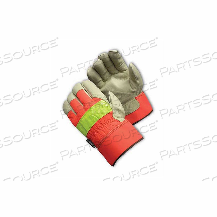 HI-VISIBILITY LEATHER GLOVES, INSULATED W/3M THINSULATE, RUBBERIZED SAFETY, L 