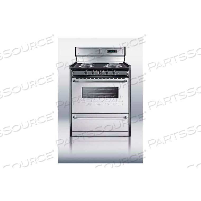 DELUXE 220V ELECTRIC RANGE, S/S DOORS, CLOCK/TIMER, OVEN WINDOW, LIGHT IN 30"W by Summit Appliance (Div. of Felix Storch, Inc.)