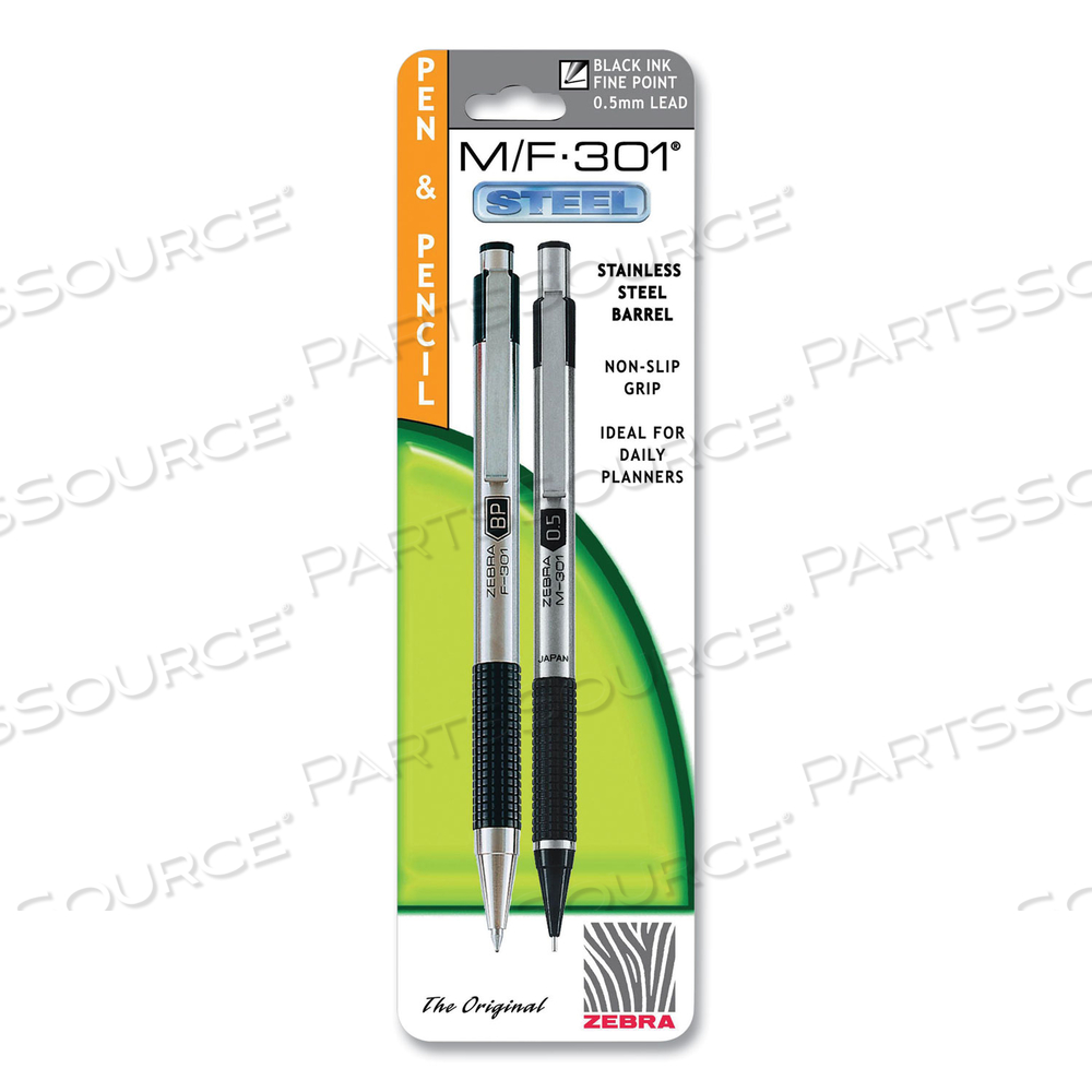 M/F 301 STAINLESS STEEL RETRACTABLE PEN AND PENCIL SET, 0.7 MM BLACK PEN, 0.5 MM HB PENCIL, STAINLESS STEEL BARRELS by Zebra Pen Corporation