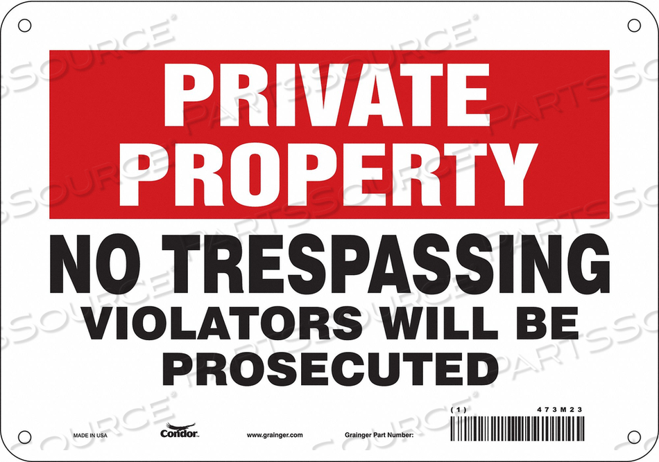 SAFETY SIGN, VERTICAL RECTANGLE, NUMBER OF PRINTED SIDES 1, ENGLISH, SIGN FORMAT OTHER FORMAT, SIGN LEGEND NO TRESPASSING VIOLATORS WILL BE  by Condor