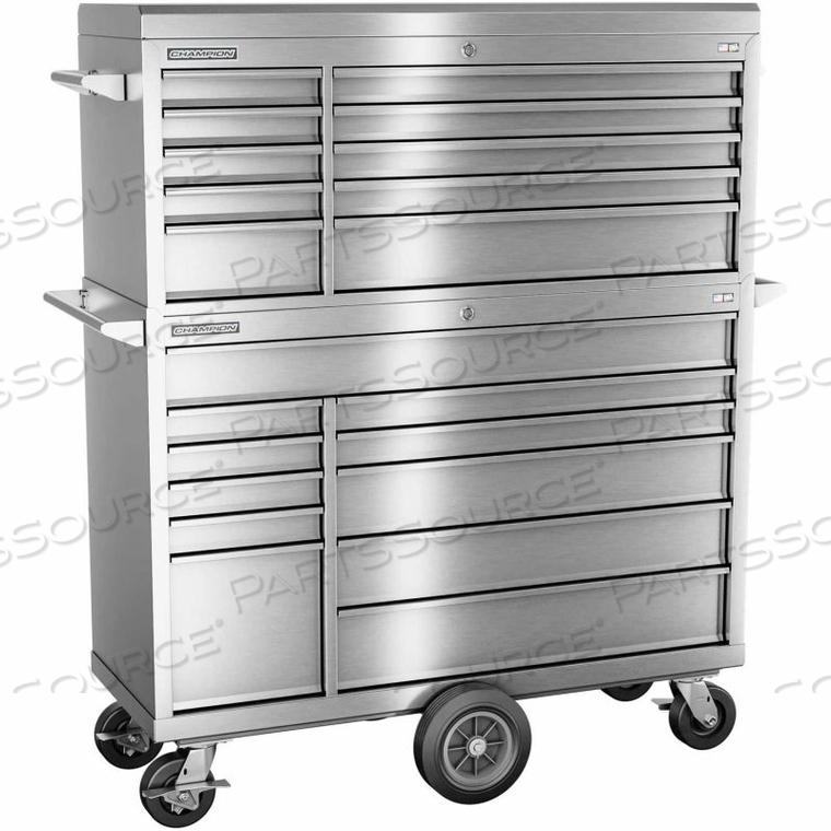 CHAMPION FMPRO ALL STAINLESS 54"X20-1/4"X66-3/4" 21 DRAWER CHEST & ROLLER CABINET COMBO by Independent Design Inc CHAMPION FMPRO ALL STAINLESS 54"X20-1/4"X66-3/4" 21 DRAWER CHEST & ROLLER CABINET COMBO by Independent Design Inc