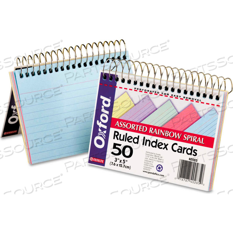 SPIRAL INDEX CARDS, 3" X 5", ASSORTED, 50 CARDS 