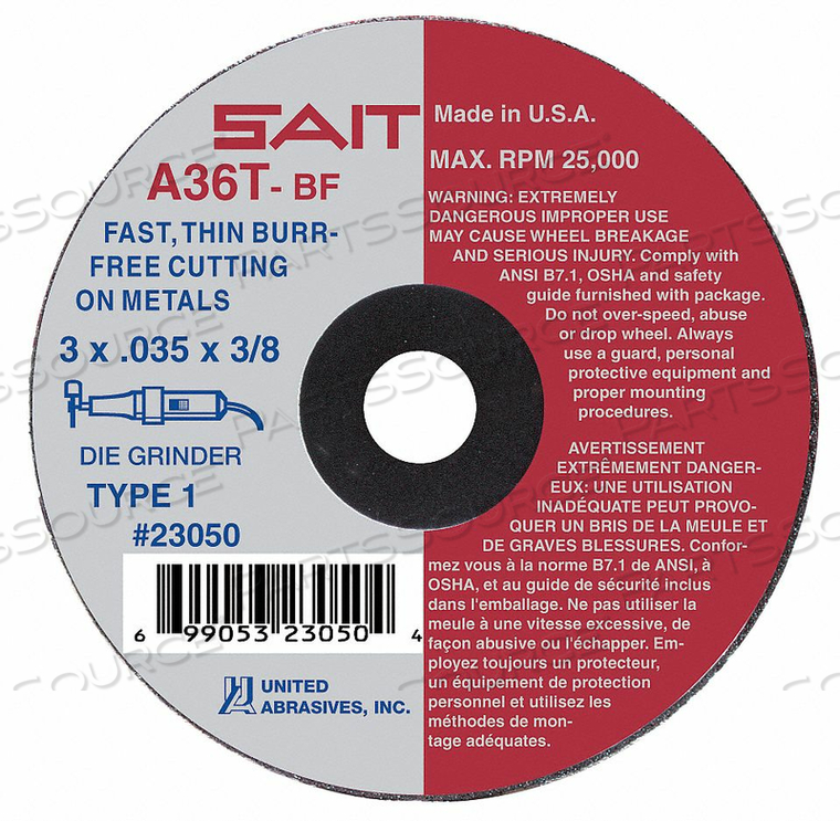 CUTOFF WHEEL A36T 3 X.035 X3/8 25000RPM by United Abrasives-Sait