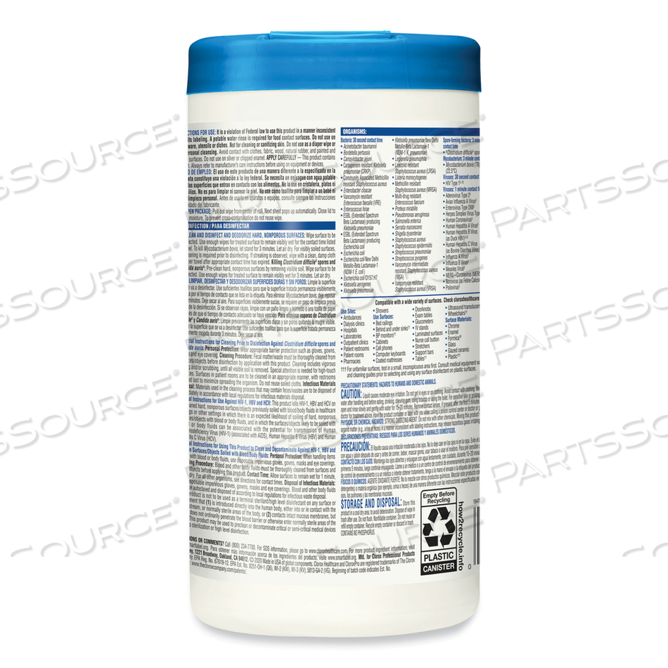 BLEACH GERMICIDAL WIPES, 6 X 5, UNSCENTED, 150/CANISTER by Clorox