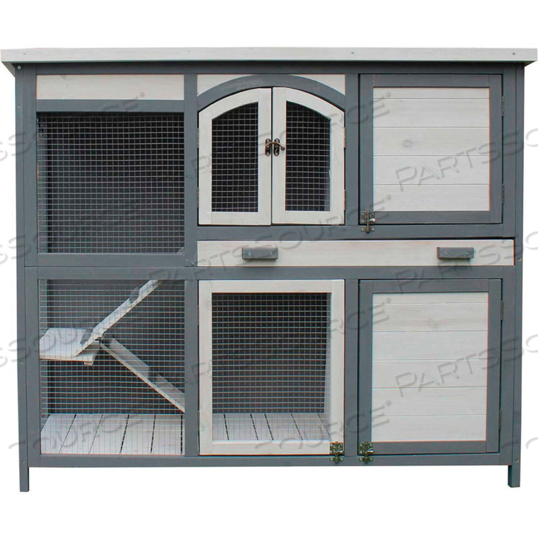 HANOVER OUTDOOR WOODEN 2-STORY RABBIT HUTCH WITH 2 RAMPS, WIRE MESH RUN AND REMOVABLE TRAY by Almo