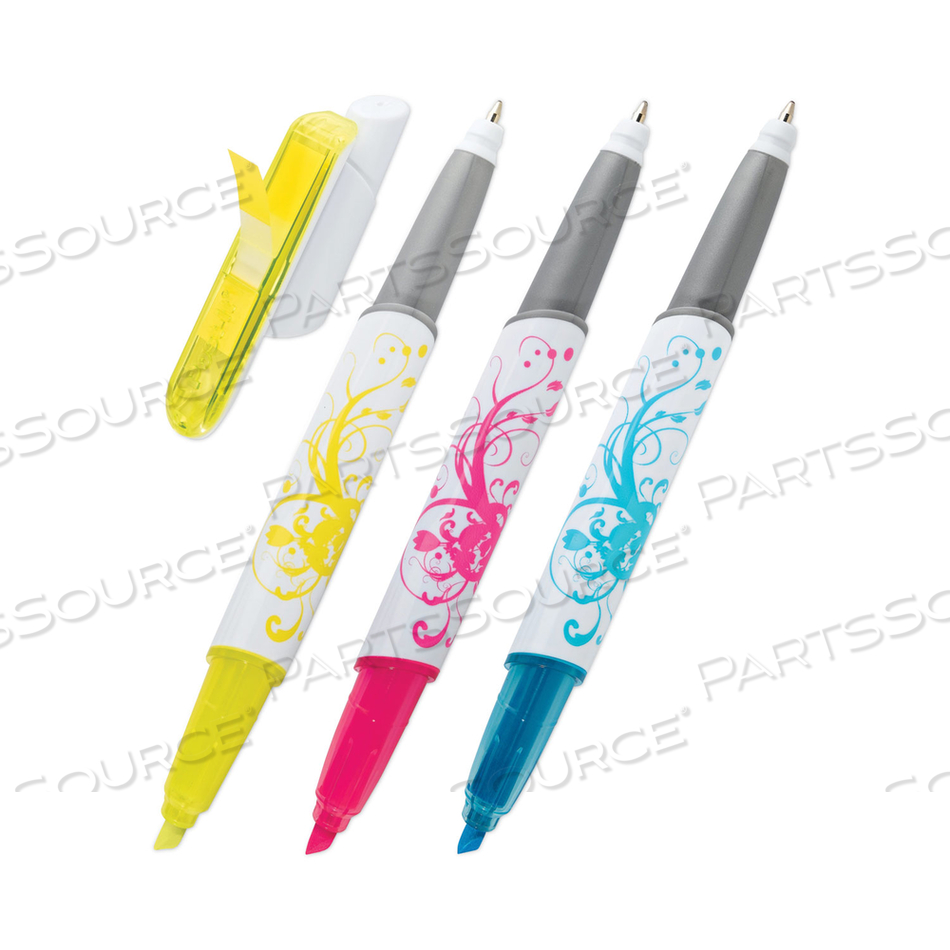 FLAG+ HIGHLIGHTER AND PEN, ASSORTED INK/FLAG COLORS, CHISEL/CONICAL TIPS, ASSORTED BARREL COLORS/GRAPHICS, 3/PACK 