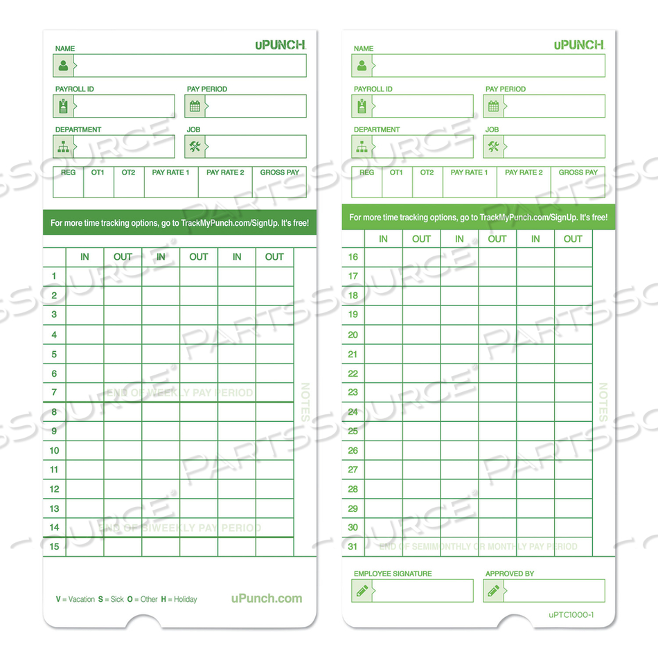 TIME CLOCK CARDS FOR UPUNCH HN1000/HN3000/HN3600, TWO SIDES, 7.5 X 3.5 by uPunch