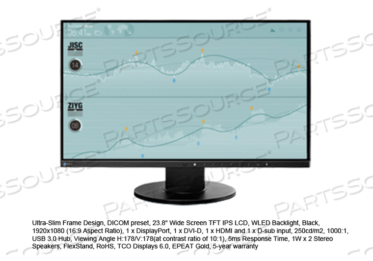 LCD MONITOR, TFT, IPS PANEL, 16:9 ASPECT RATIO, 1000:1 CONTRAST RATIO, 23.8 IN VIEWABLE IMAGE, 31 TO 68 KHZ HORIZONTAL, 59 TO 61 HZ VERTICAL by Eizo Inc. LCD MONITOR, TFT, IPS PANEL, 16:9 ASPECT RATIO, 1000:1 CONTRAST RATIO, 23.8 IN VIEWABLE IMAGE, 31 TO 68 KHZ HORIZONTAL, 59 TO 61 HZ VERTICAL by Eizo Inc.