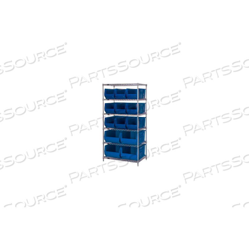 WR6-953954 CHROME WIRE SHELVING WITH 13 24"D HOPPER BINS BLUE, 24X36X74 by Quantum Storage Systems