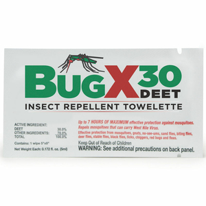 BUG X 30 INSECT REPELLENT, 30% DEET, TOWELETTE, 300/CASE by Coretex Products